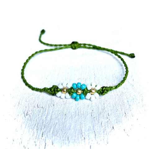 Daisy Flower Trio Seed Bead Bracelet - Choose your favorite string color!