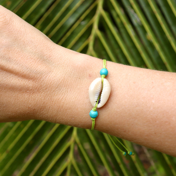 Turquoise & Cowrie Shell Beaded Bracelet - Choose the string color!