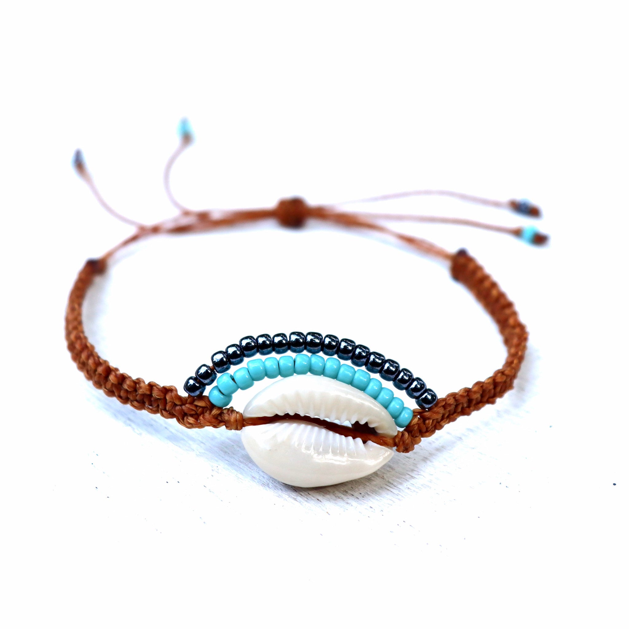Unique Beaded Cowrie Seashell Bracelet - Handmade Macrame Jewelry