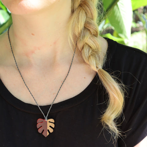 Monstera Leaf Macrame Necklace - Walnut Wood & Resin Pendant